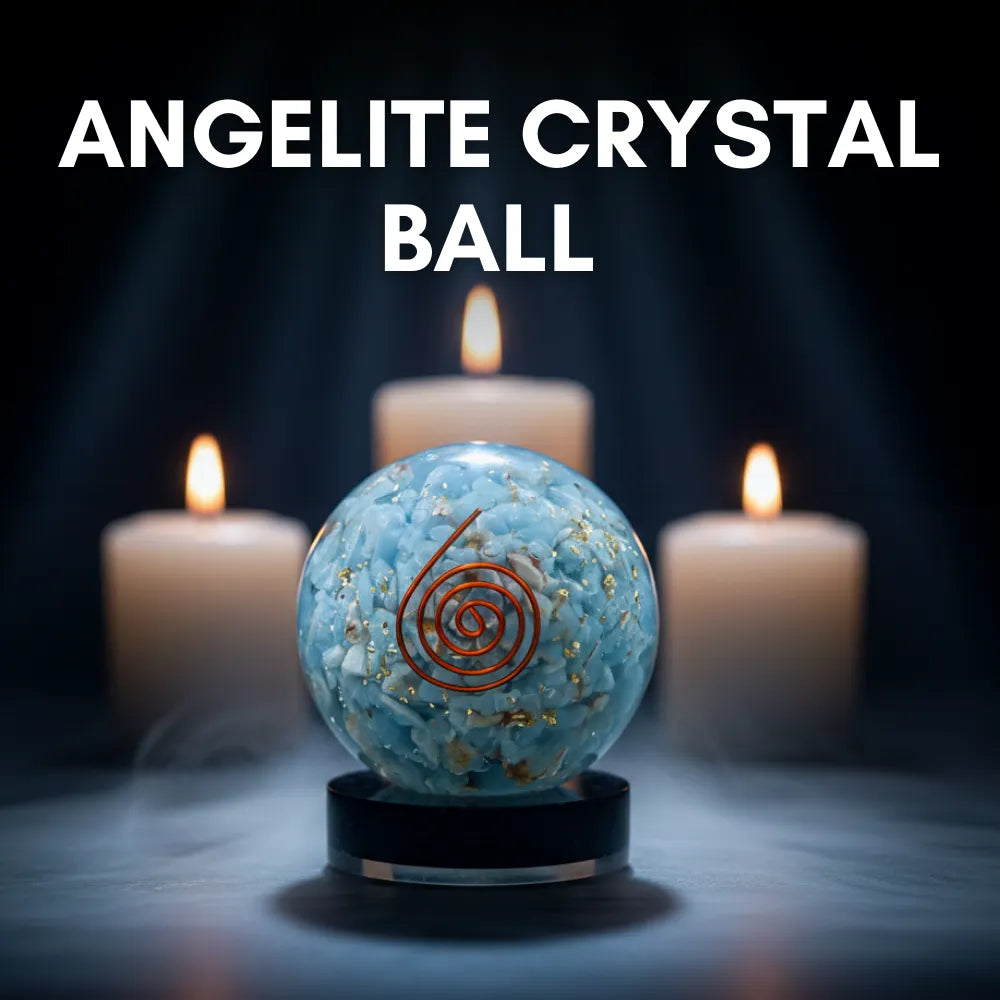 Blue crystal ball with a spiral design on a dark background with candles