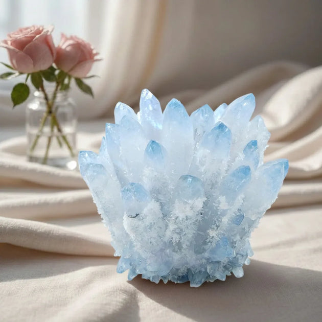 Blue crystal formation on a beige surface with pink roses in the background