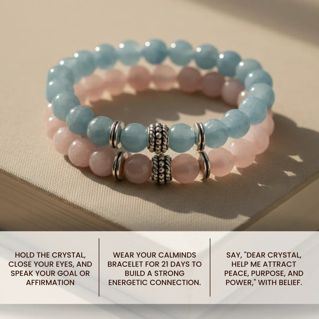 Stack of pink and blue beaded bracelets on a beige surface with text instructions.