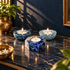Calm Blue Diya Set with sodalite, angelite and kyanite crystal candle holders – what's inside