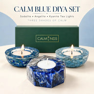 Calm Blue Diya Set – Blue Crystal Candle Holder Set: Sodalite, Angelite & Kyanite