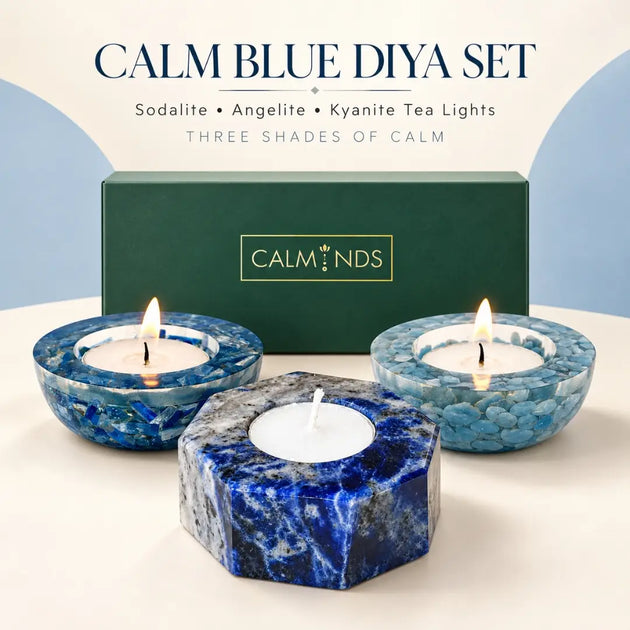 Calm Blue Diya Set with sodalite, angelite and kyanite tea lights