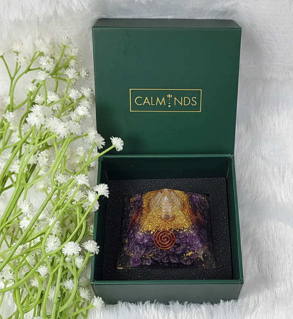 Amethyst Orgonite Pyramid in premium Calminds gift box packaging