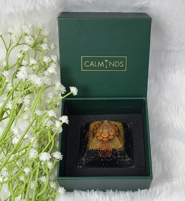 Black Tourmaline Orgonite Pyramid in premium Calminds gift box packaging