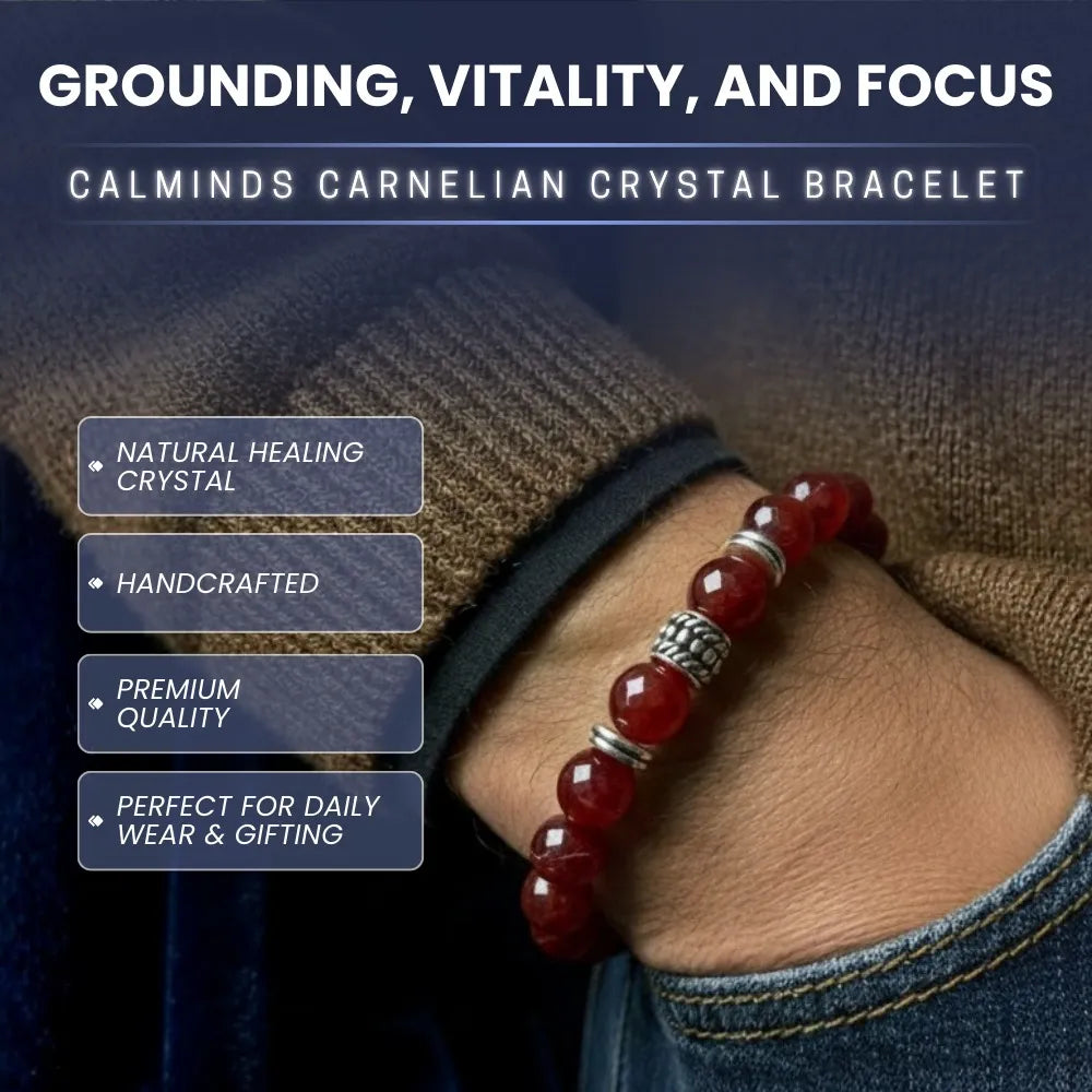 Carnelian crystal bracelet on a wrist with promotional text about its benefits.
