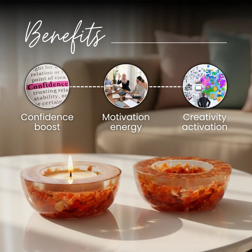 Two small bowls with a candle on a table, surrounded by text highlighting benefits like confidence boost, motivation energy, and creativity activation.