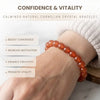 Calminds natural carnelian crystal bracelet on a wrist with text highlighting benefits.