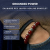 Red jasper healing bracelet on a wrist with promotional text about its features.