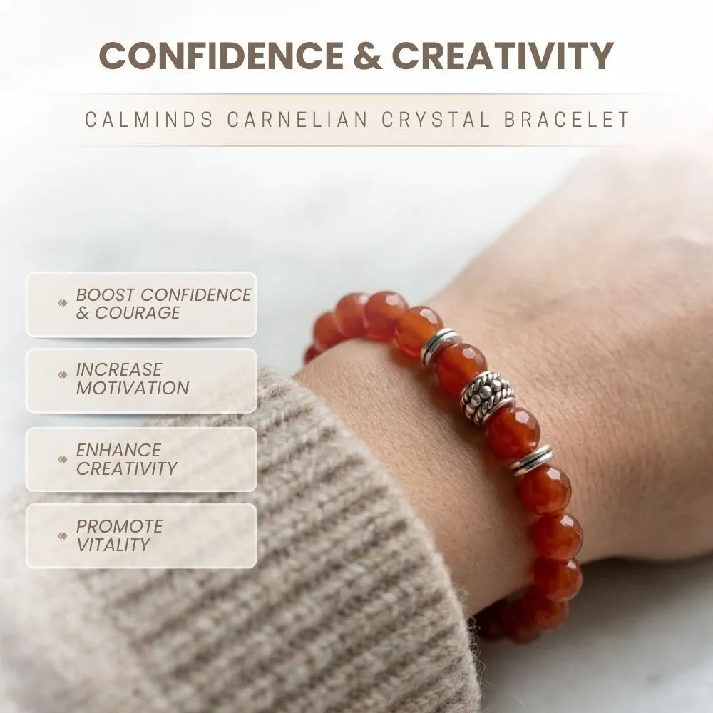 Carnelian crystal bracelet on a wrist with text about its benefits on a light background