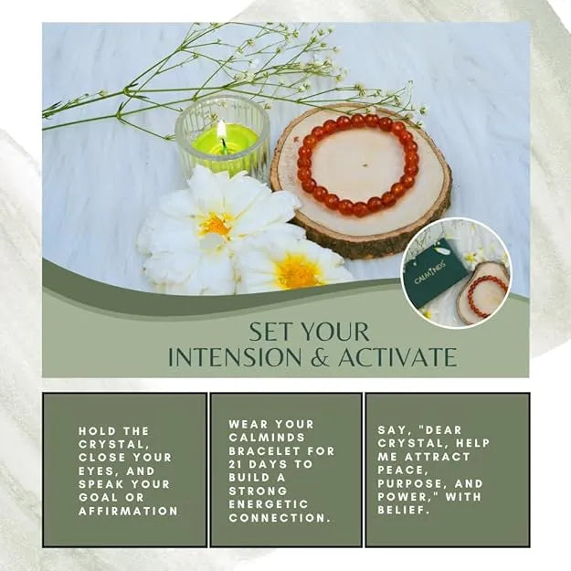 Crystal bracelet and flowers on a wooden slice with text instructions on a light blue background.