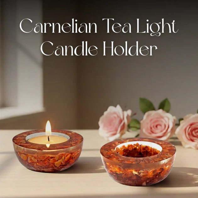 Carnelian tea light candle holder with a lit candle on a surface with flowers in the background.