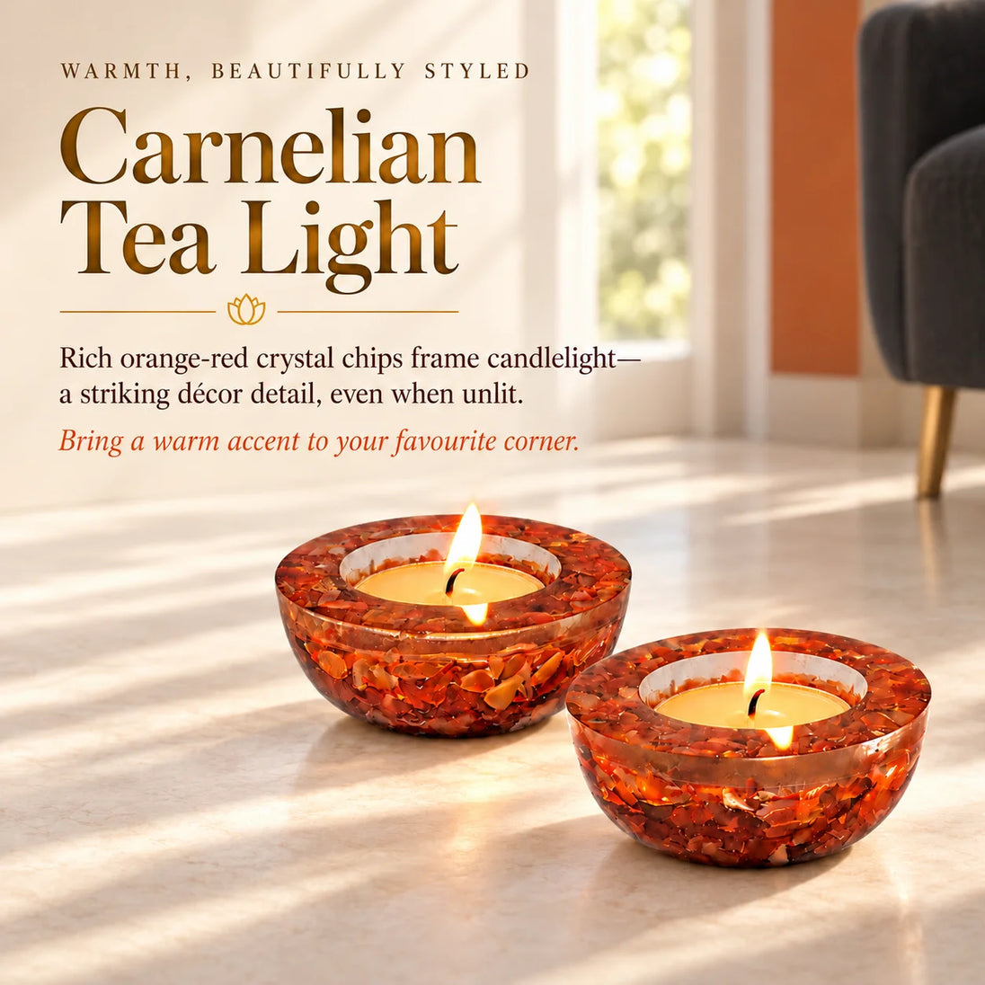 Two carnelian tea light holders with orange-red crystal chips and lit candles on a terrazzo floor