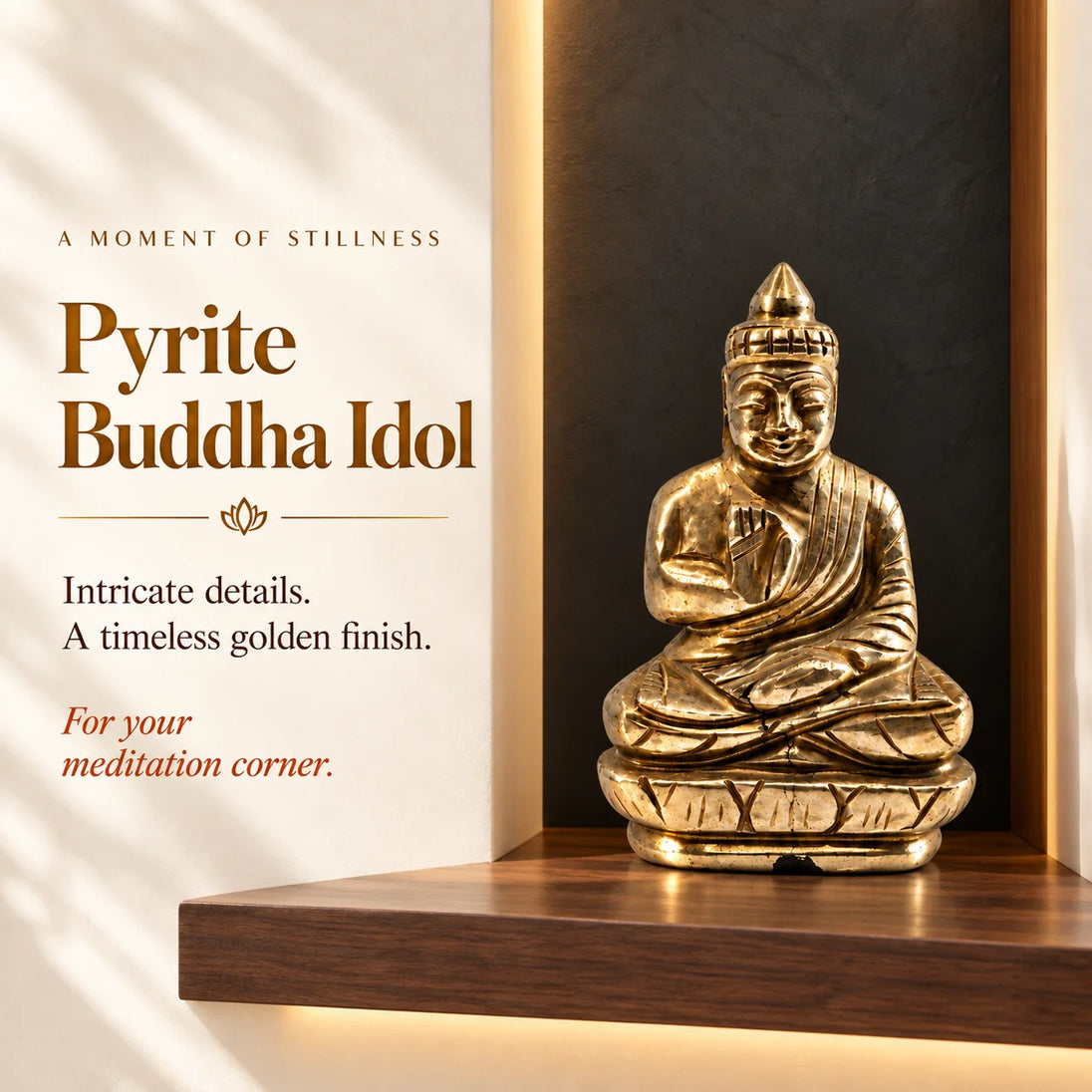 Golden pyrite Buddha idol seated in meditation on a wooden shelf