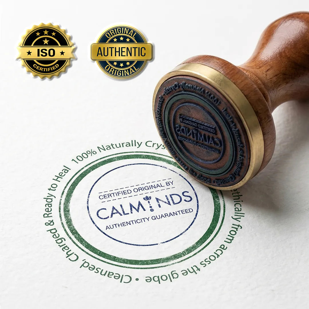 Rubber stamp with 'Calminds' branding on a white background, featuring ISO and authenticity seals.