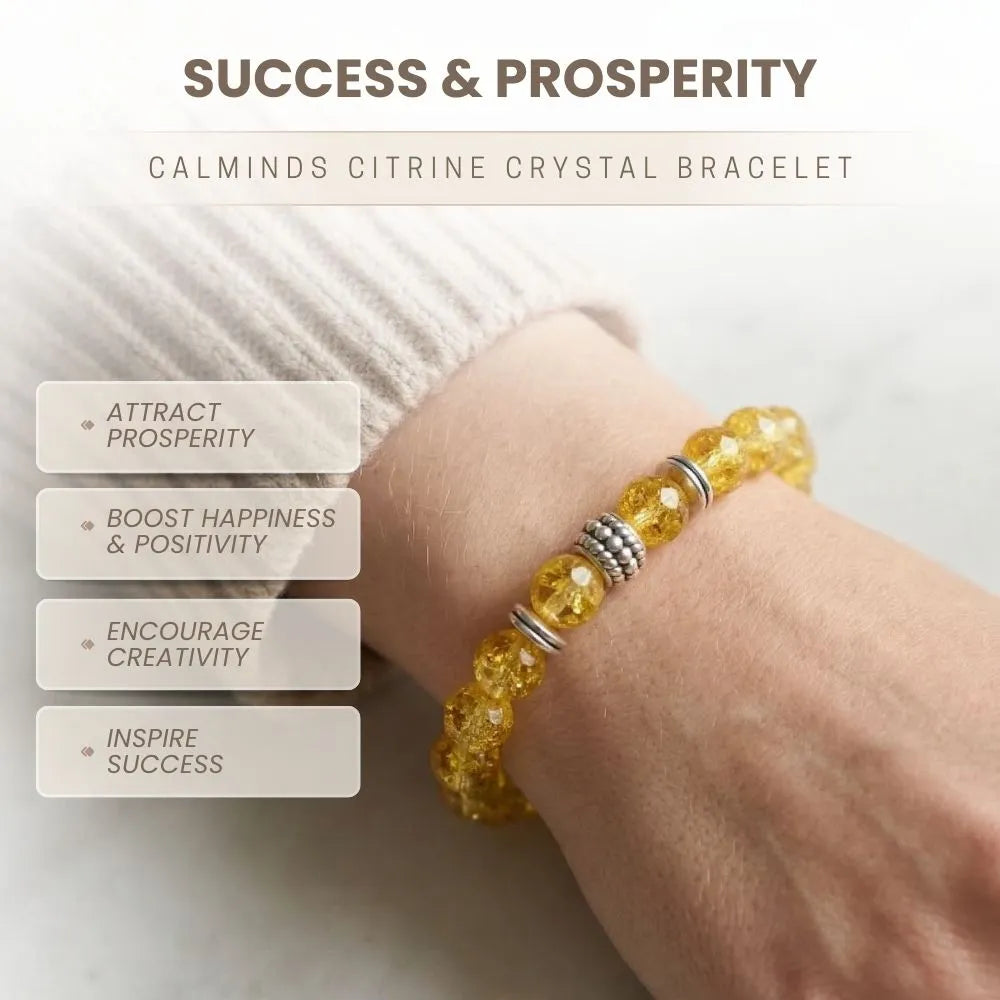 Yellow crystal bracelet on a wrist with text about its benefits on a light background