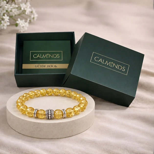 Calminds Citrine Crystal Bracelet close-up showing golden beads