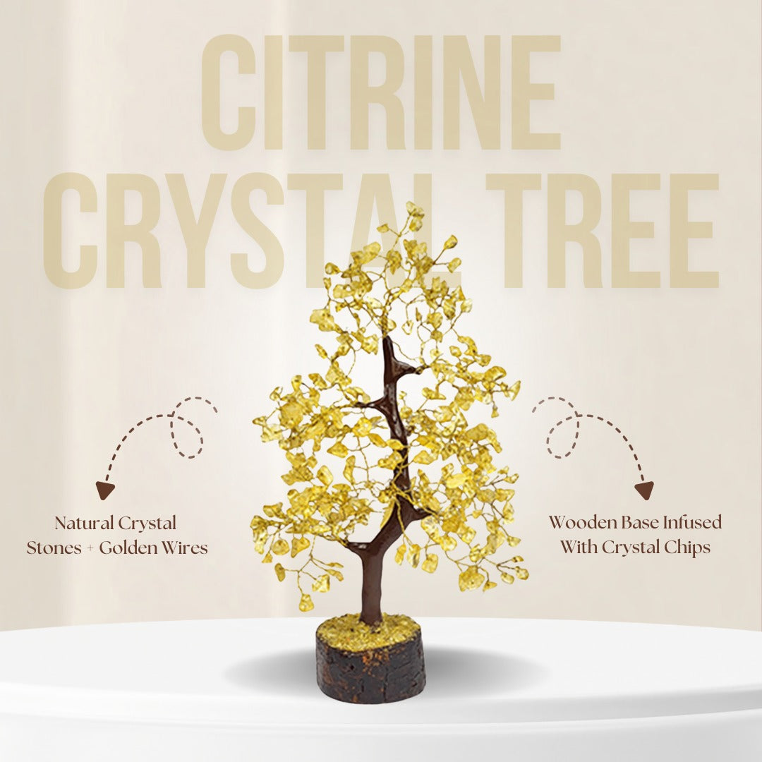 Citrine crystal tree with text describing its components on a beige background