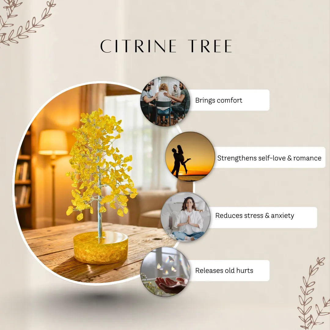 Citrine tree with benefits listed on a decorative background