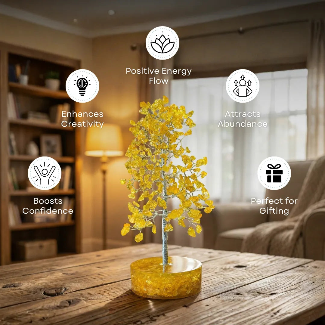Decorative yellow tree on a wooden table with positive energy benefits text in a cozy room.