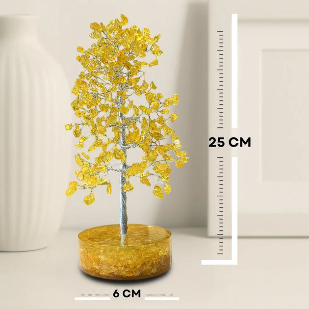 Decorative yellow tree with measurements on a neutral background