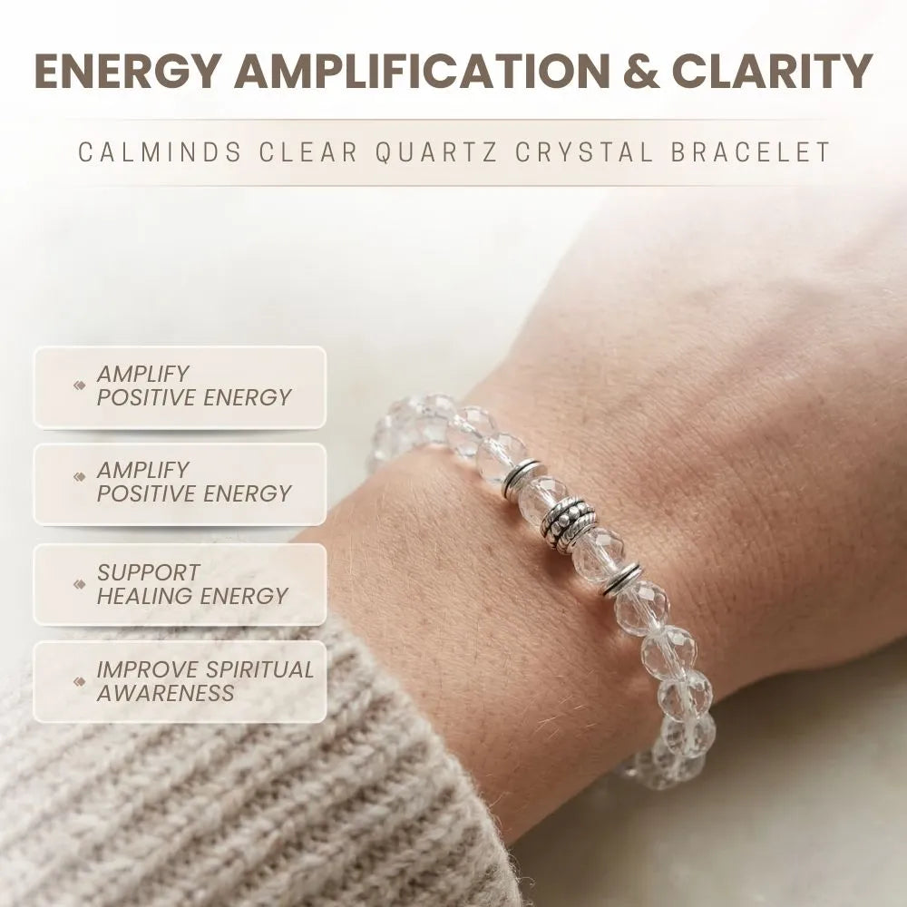 Clear quartz crystal bracelet on a wrist with text about energy amplification and clarity.