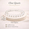 Clear Quartz healing bracelet on a white background with text about its properties.