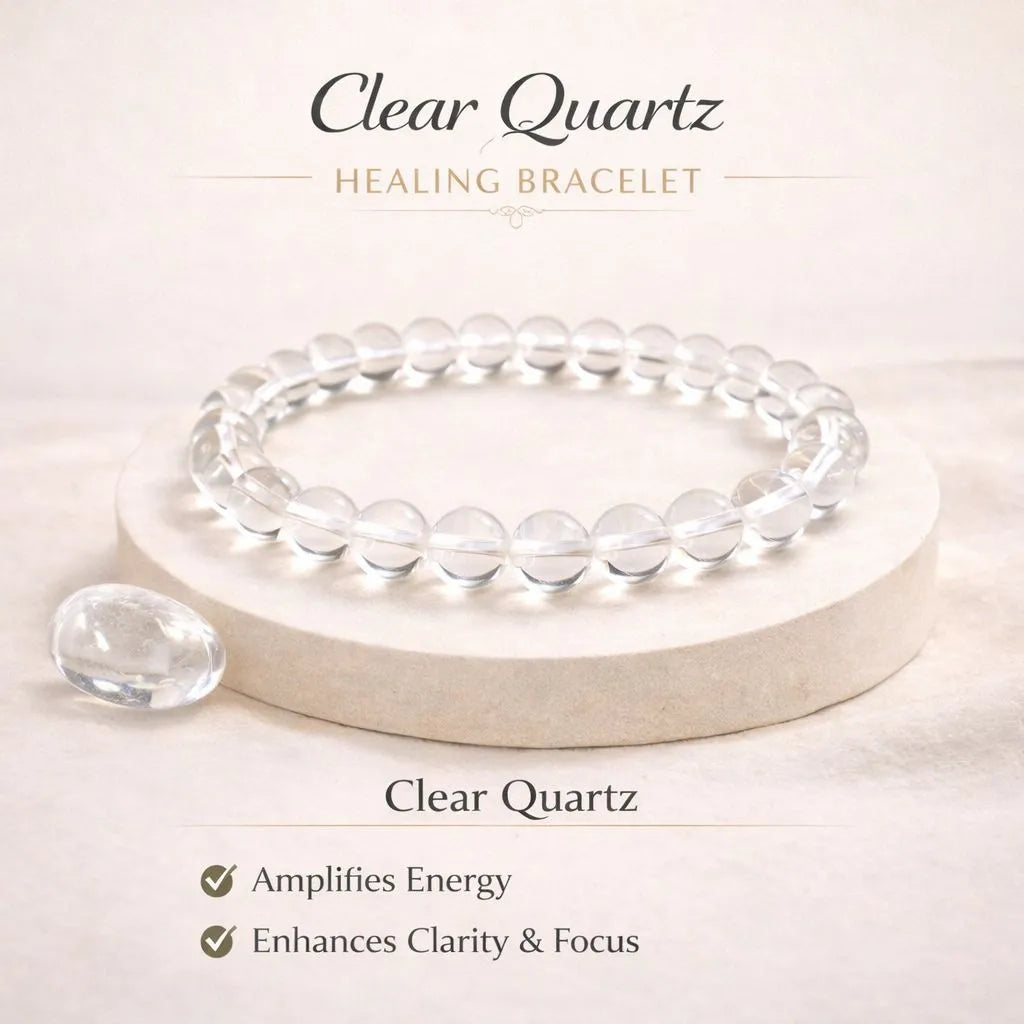 Clear Quartz healing bracelet on a white background with text about its properties.