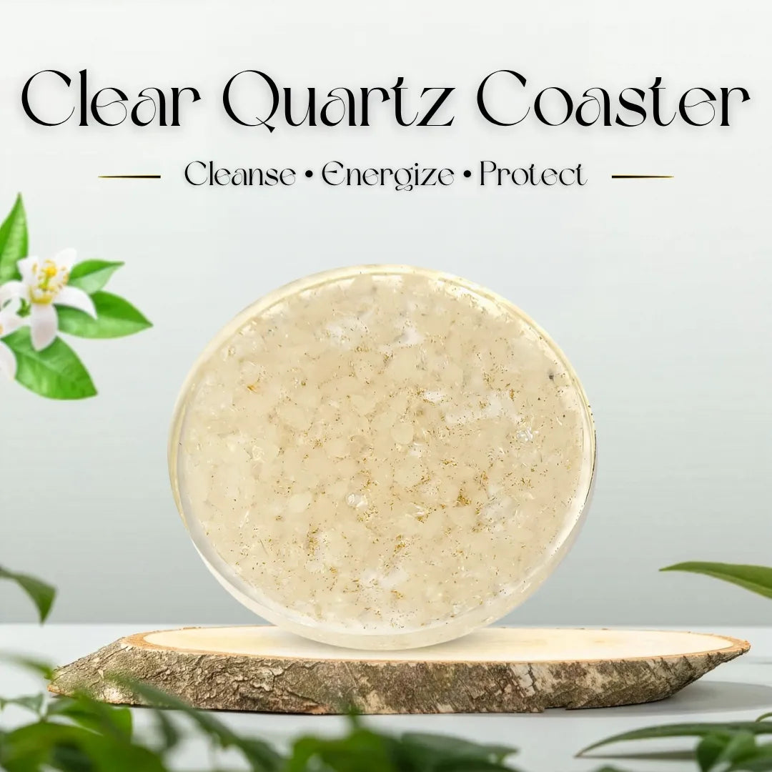 Clear quartz coaster on a wooden stand with plants in the background
