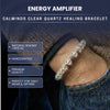 Clear quartz healing bracelet worn on wrist with promotional text about its features.