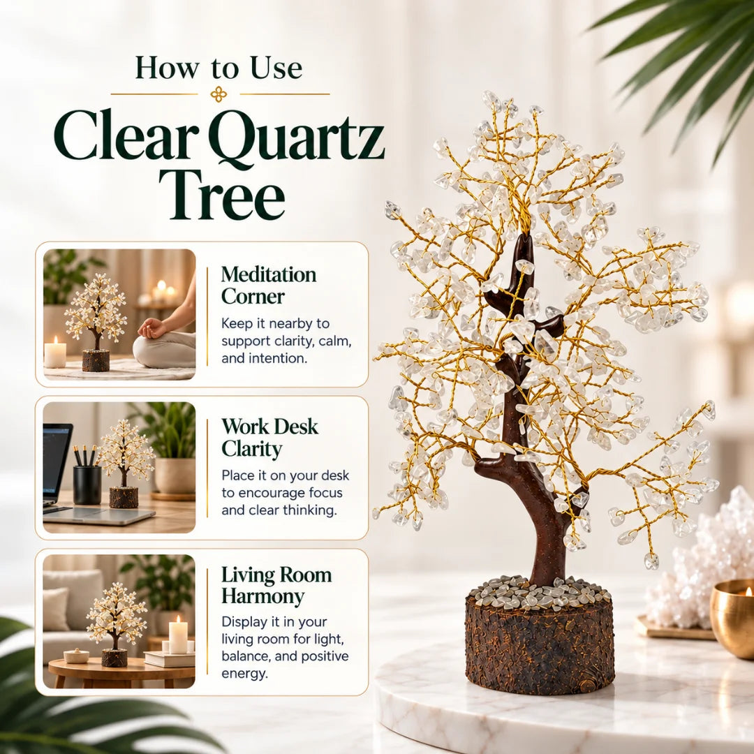 How to use a clear quartz tree in a meditation corner, on a work desk or in the living room