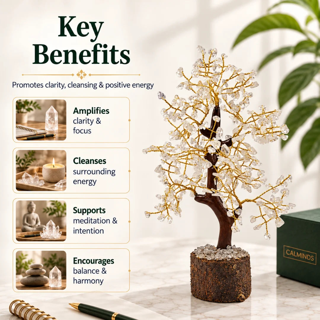 Clear quartz crystal tree key benefits: clarity, cleansing, meditation and balance