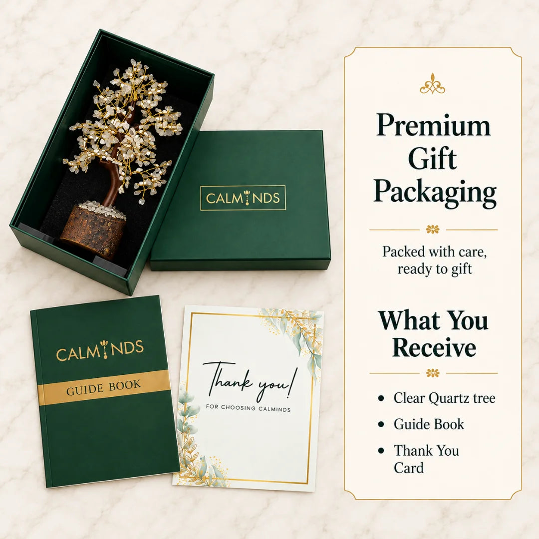 Clear quartz crystal tree in Calminds green gift box with guide book and thank-you card