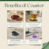 Promotional graphic detailing the benefits of a coaster with images and text.