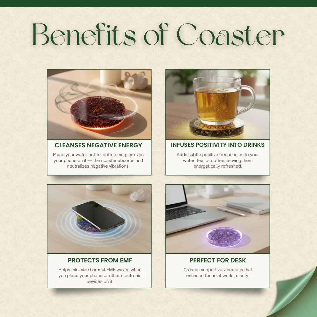 Promotional graphic detailing the benefits of a coaster with images and text.