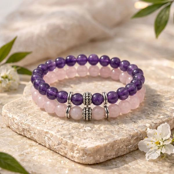 Rose Quartz & Amethyst Crystal Bracelet Gift Set