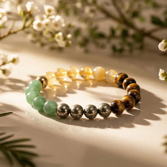 Multicolored beaded bracelet on a light surface with blurred flowers in the background