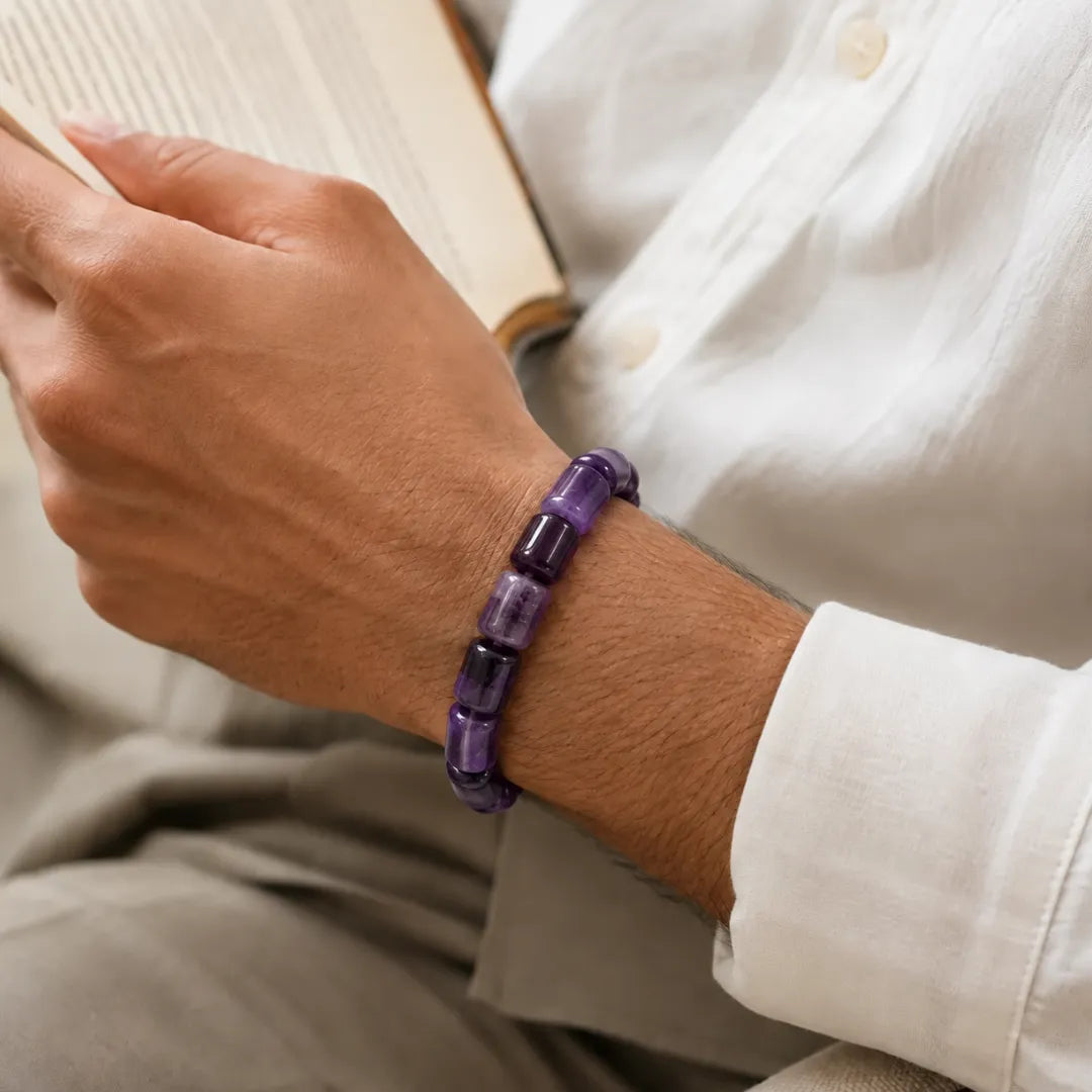 Cylindrical amethyst bracelet detail for everyday styling