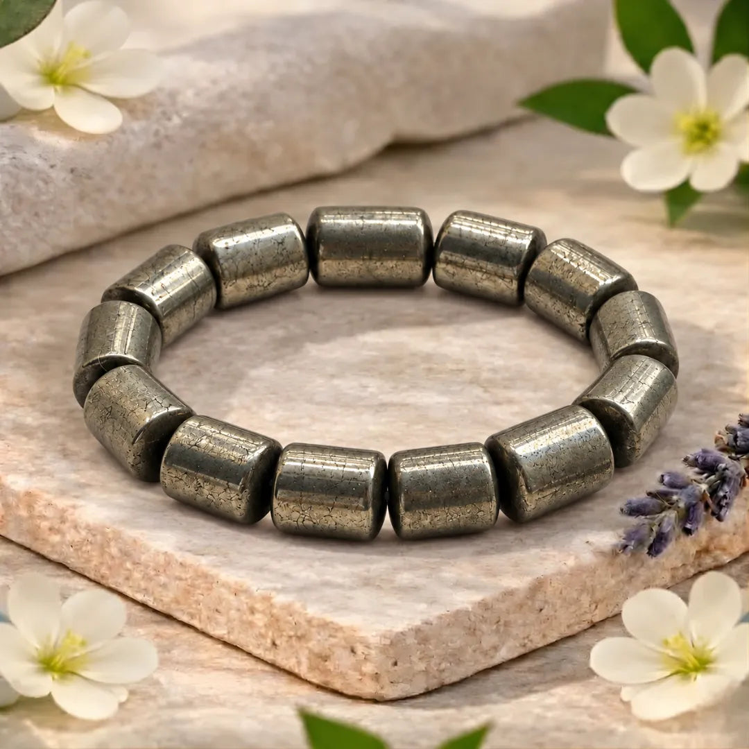 Cylindrical pyrite crystal bead bracelet by Calminds