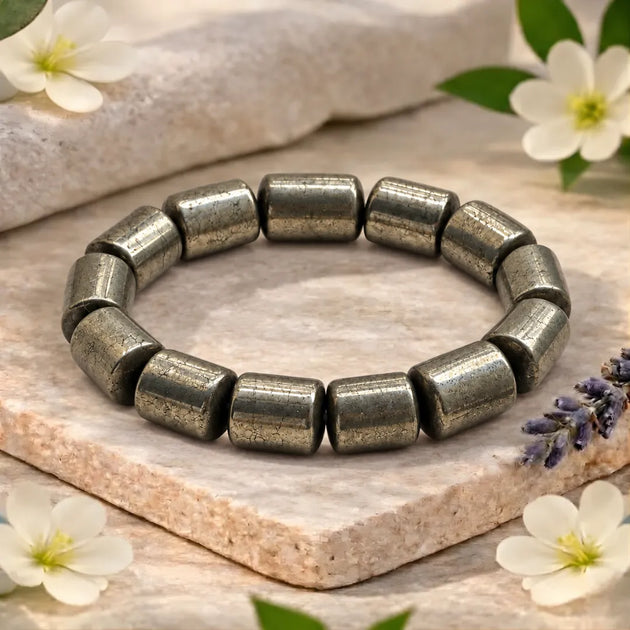 Cylindrical pyrite crystal bead bracelet by Calminds