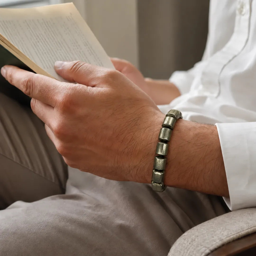 Cylindrical pyrite bracelet detail for everyday styling