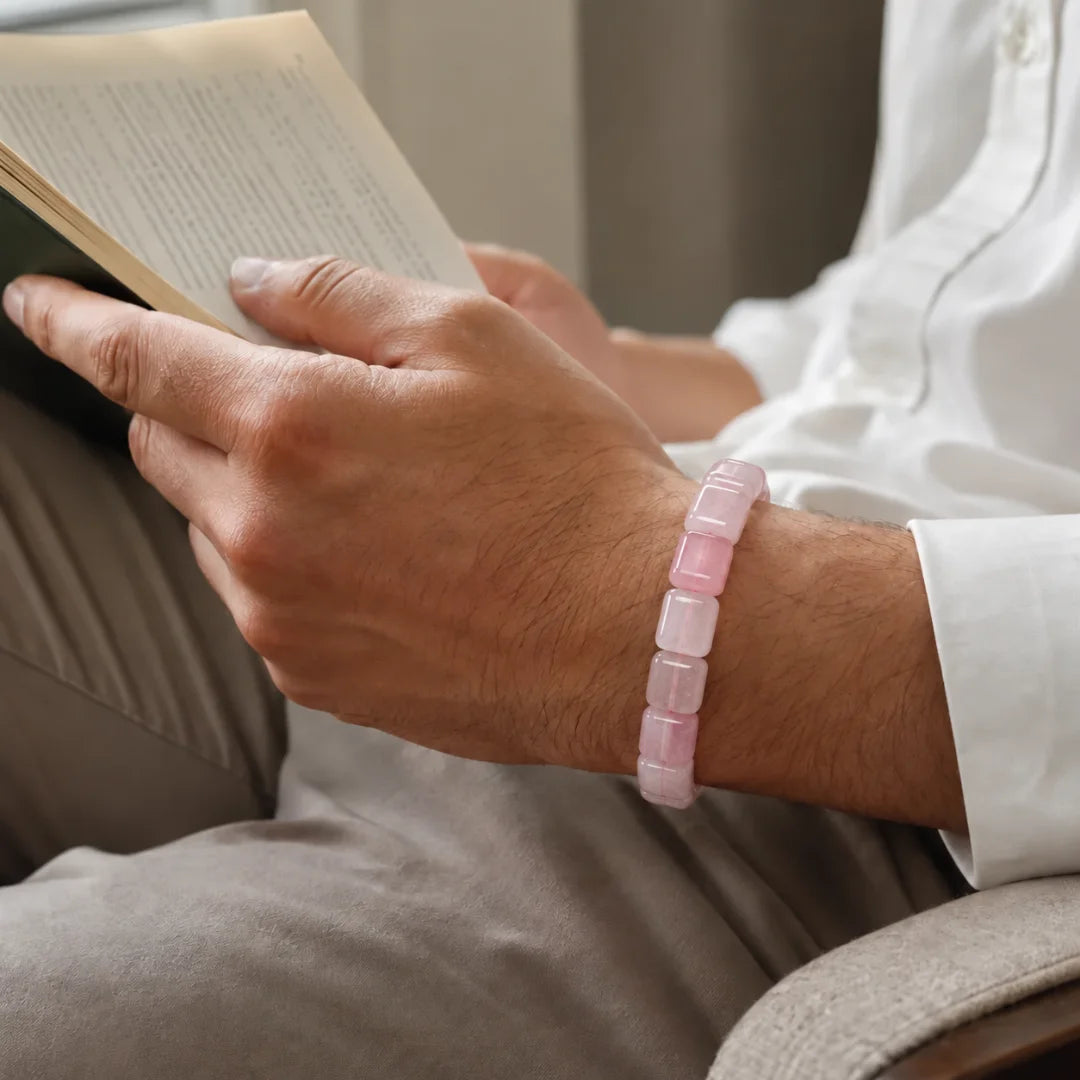 Cylindrical rose quartz bracelet detail for everyday styling