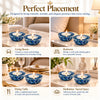 Blue kyanite tea light holders shown in a living room, bedroom, dining table and meditation space