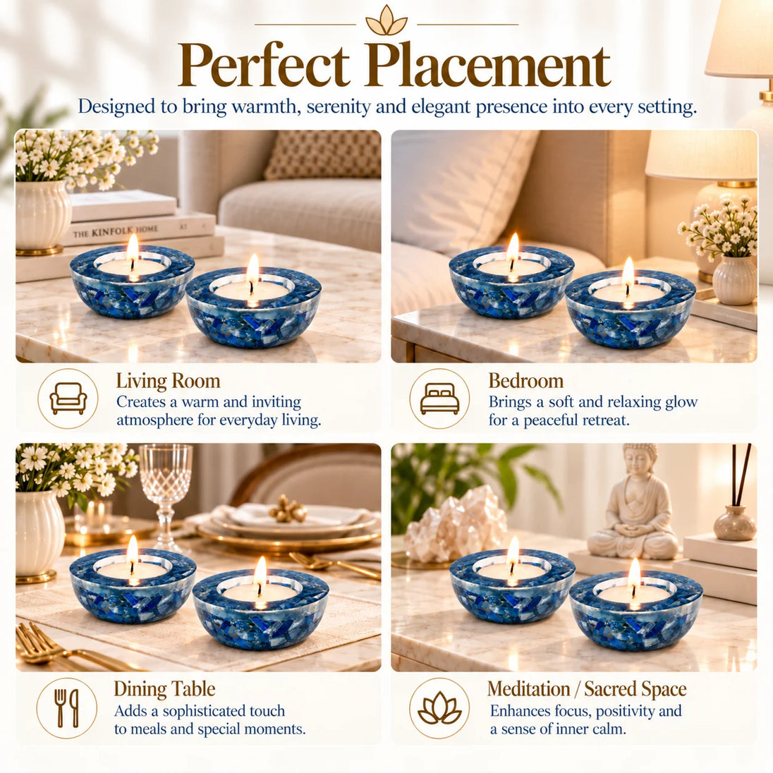 Blue kyanite tea light holders shown in a living room, bedroom, dining table and meditation space