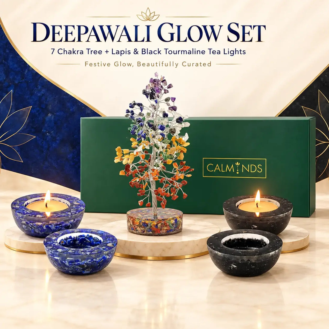 Deepawali Glow Set with 7 chakra tree, lapis lazuli and black tourmaline tea lights