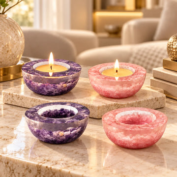 Diwali Diya Duo with amethyst and rose quartz crystal tea light holders – what's inside