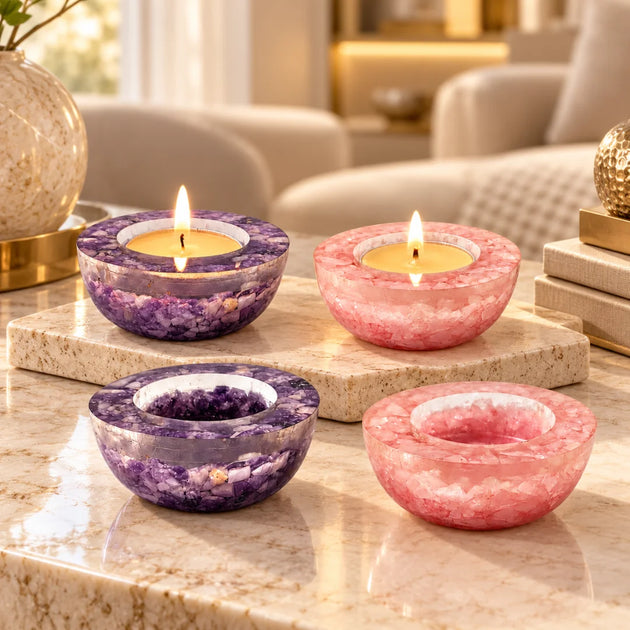 Diwali Diya Duo with amethyst and rose quartz crystal tea light holders – what's inside