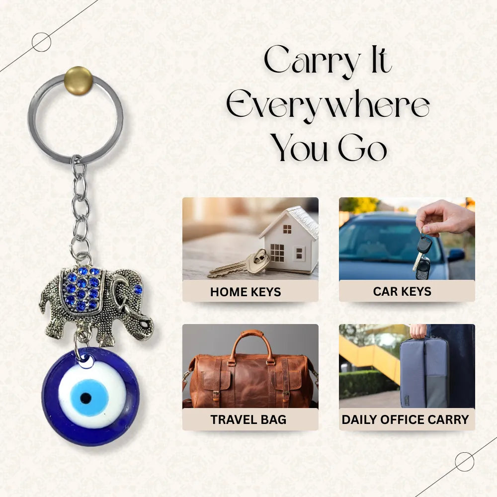 Keychain with elephant and eye design, used for home, car, travel bag, and office keys.
