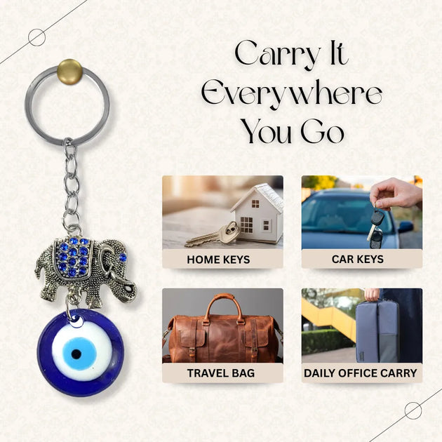 Keychain with elephant and eye design, used for home, car, travel bag, and office keys.