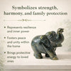 Decorative elephant statue with text about its symbolic meanings on a neutral background
