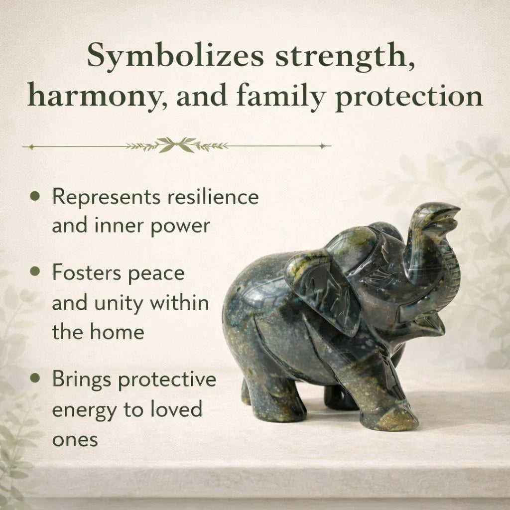 Decorative elephant statue with text about its symbolic meanings on a neutral background